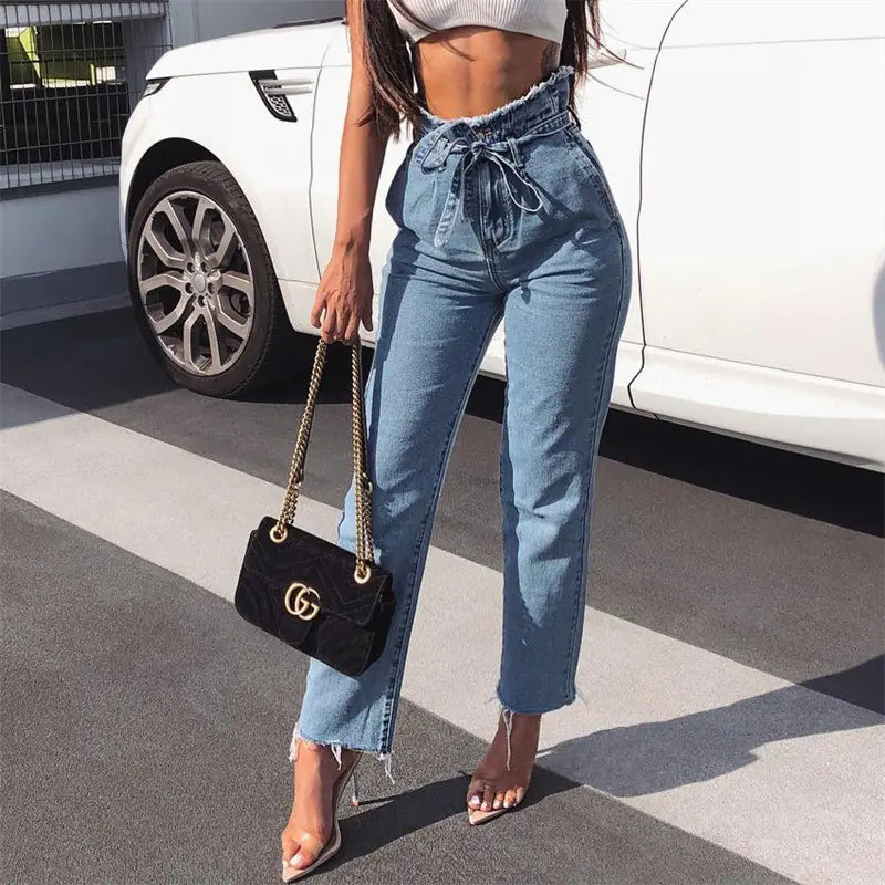 High-Waisted Frayed Denim Pants for Women