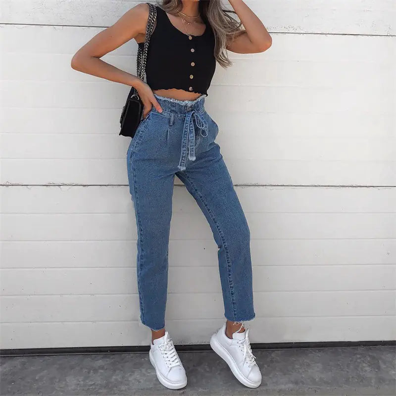 High-Waisted Frayed Denim Pants for Women