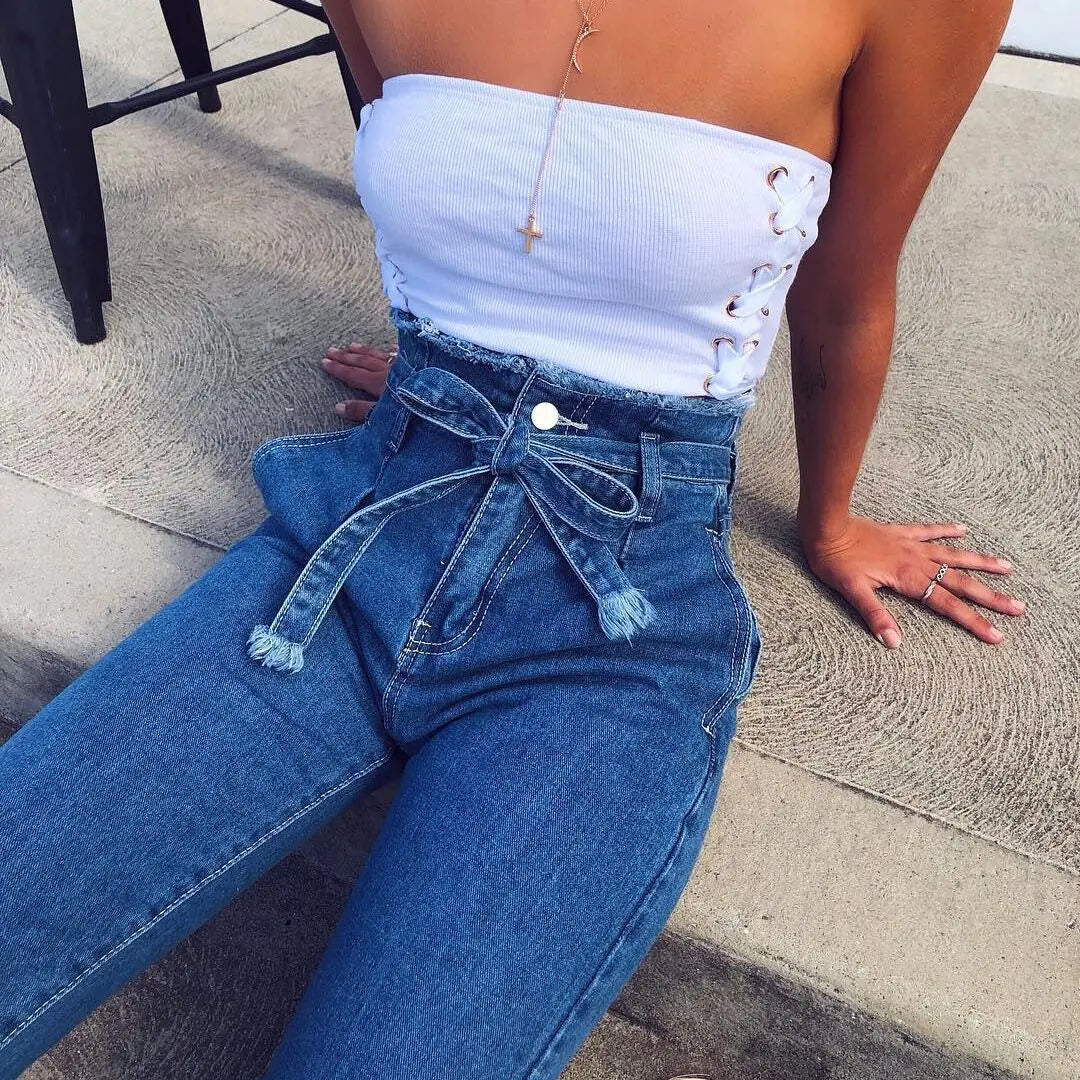 High-Waisted Frayed Denim Pants for Women